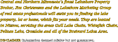 Central and Northern Minnesota's finest Lakeshore Property Broker, Jim Christensen and the Lakeshore Marketing Group of real estate professionals will assist you in finding the lake property, lot or home, which fits your needs. They are located in Nisswa, servicing the areas Gull Lake Chain, Whitefish Chain, Pelican Lake, Crosslake and all of the Brainerd Lakes Area. DISCLAIMER: Information deemed reliable but not guaranteed.